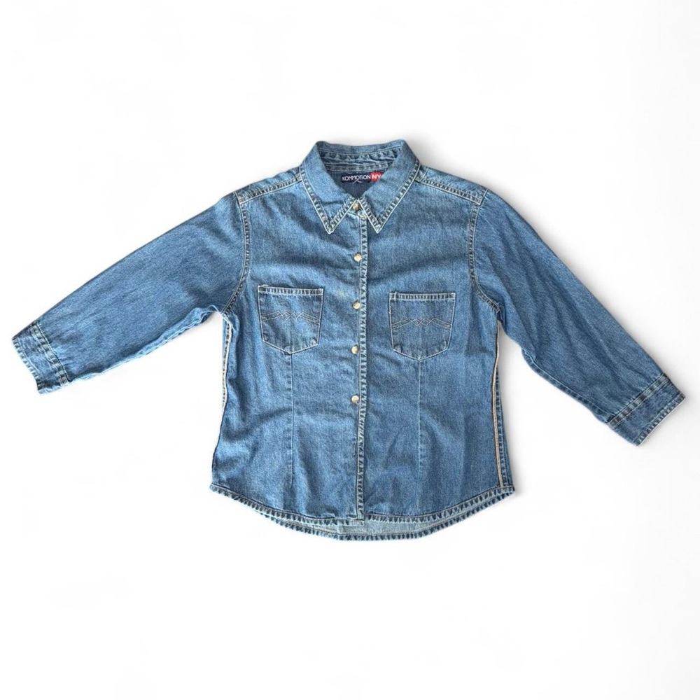 Vintage Kommotion NY Medium Dark Blue Denim Button-Up Shirt 3/4 Length Sleeves